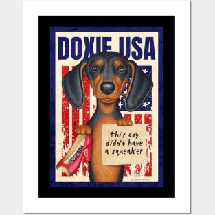 Doxie fun red white and blue patriotic Black Dachshund with Red Shoe USA Posters and Art